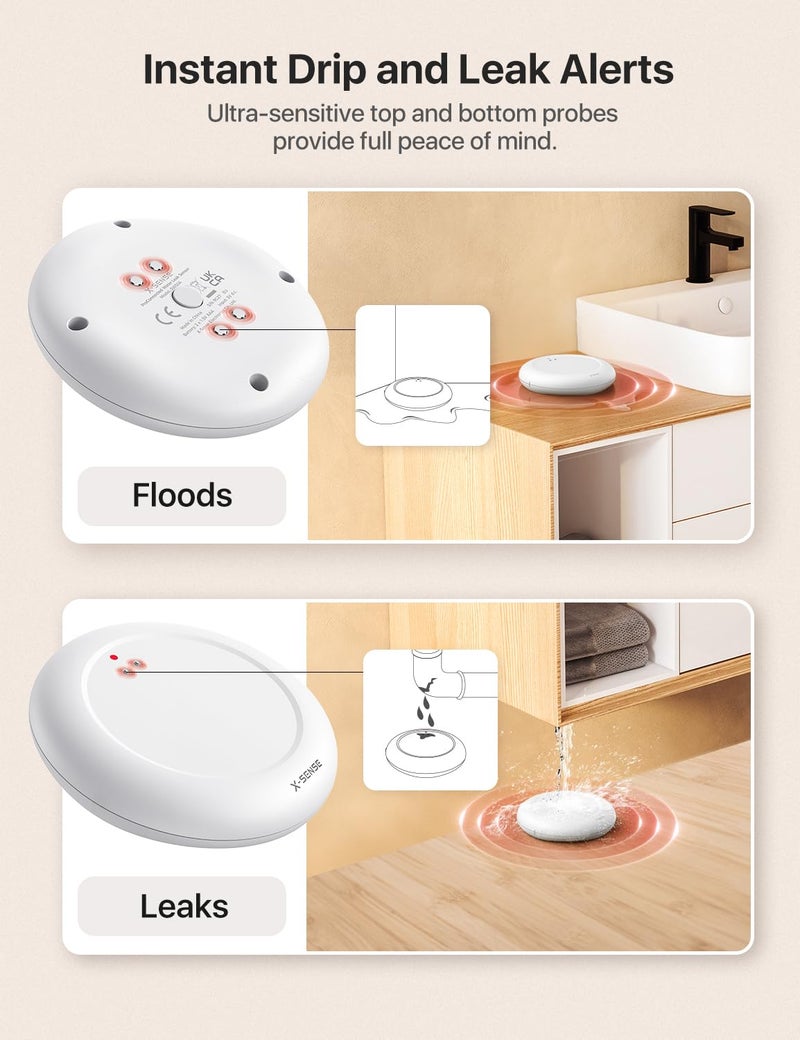 اكس سينس مجموعة كاشف تسرب المياه X-Sense Wi-Fi، إنذار مستشعر المياه الذكي مع تنبيهات التطبيق وتصميم نحيف للغاية، كاشف تسرب إنذار المياه للأقبية، 4 أجهزة استشعار للمياه ومحطة قاعدة واحدة، موديل SWS0A41 - Image 5